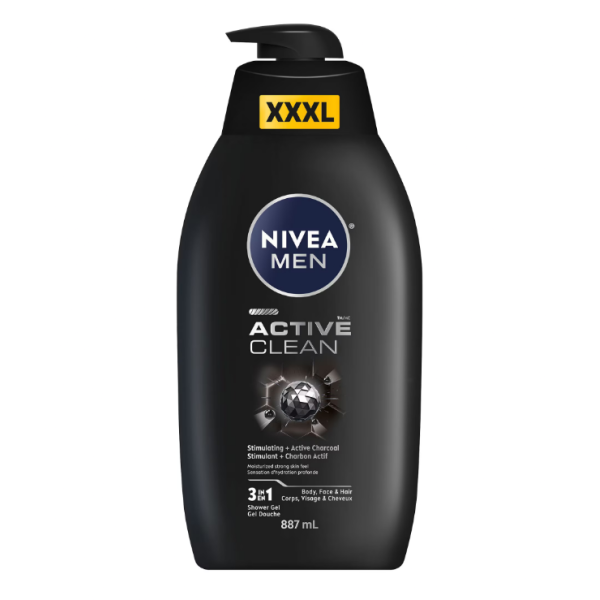 Nivea Gel Dus Men 3in1 Active Clean Pompita 887ml 12/bax