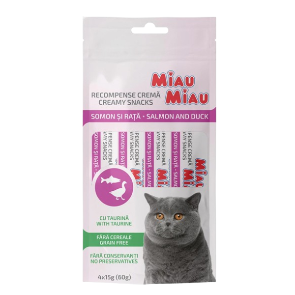 Miau Miau Recompensa Pisici Crema Somon Si Rata 4x15g 12/bax Miau Miau Recompensa Pisici Crema Somon Si Rata 4x15g 12/bax
