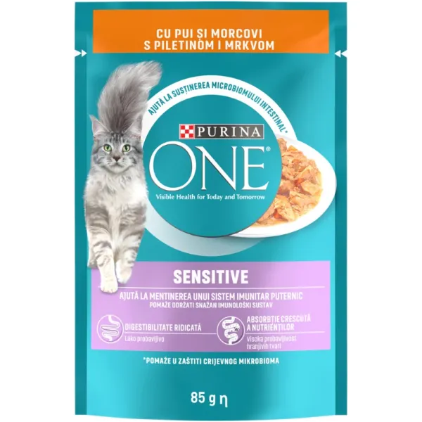 Purina One Hrana Pisici Adulte Sensitive Pui/morcovi In Sos Plic 85gr 26/bax